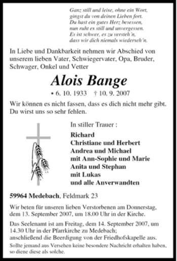 Traueranzeige von Alois Bange von Tageszeitung