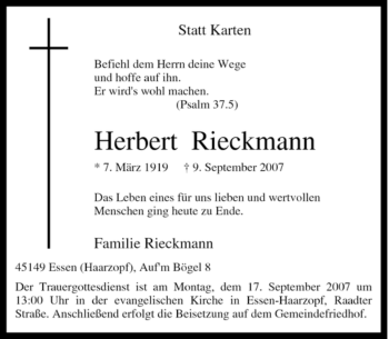 Traueranzeige von Herbert Rieckmann von Tageszeitung