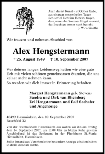 Traueranzeige von Alex Hengstermann von Tageszeitung