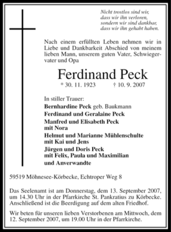 Traueranzeige von Ferdinand Peck von Tageszeitung