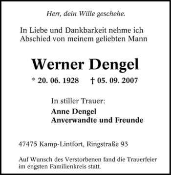 Traueranzeige von Werner Dengel von Tageszeitung