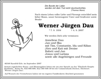 Traueranzeige von Werner Jürgen Dau von Tageszeitung