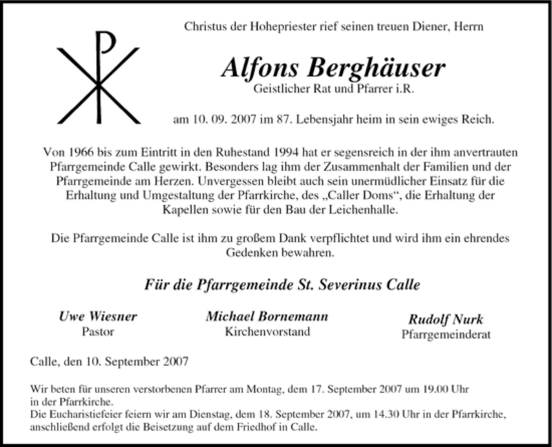  Traueranzeige für Alfons Berghäuser vom 13.09.2007 aus Tageszeitung