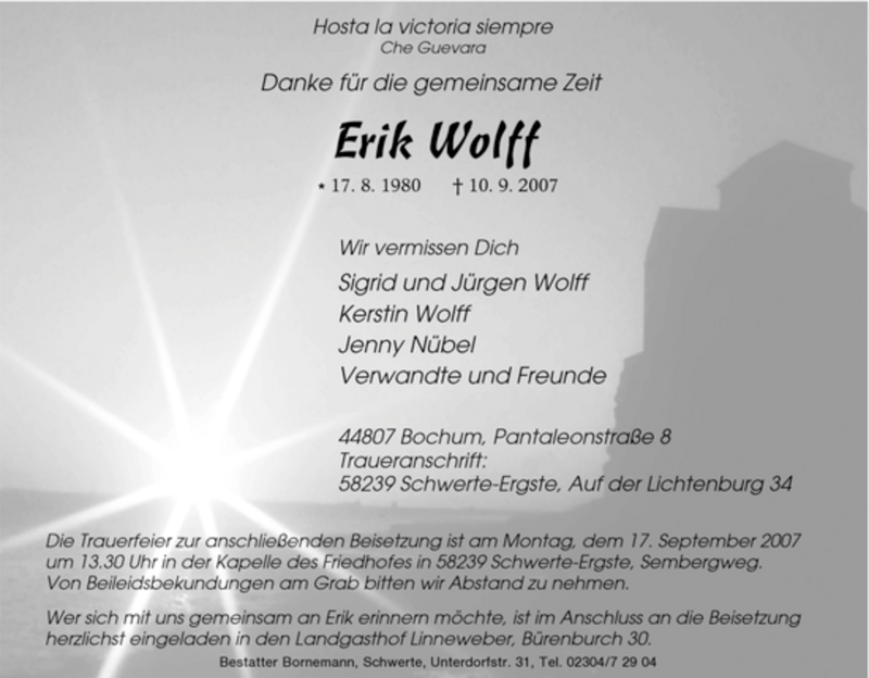 Traueranzeigen von Erik Wolff TrauerinNRW.de