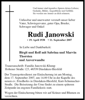 Traueranzeige von Rudi Janowski von Tageszeitung