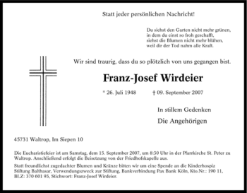 Traueranzeige von Franz-Josef Wirdeier von Tageszeitung