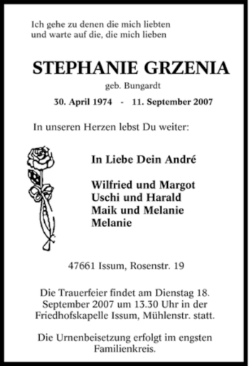 Traueranzeige von Stephanie Grzenia von Tageszeitung