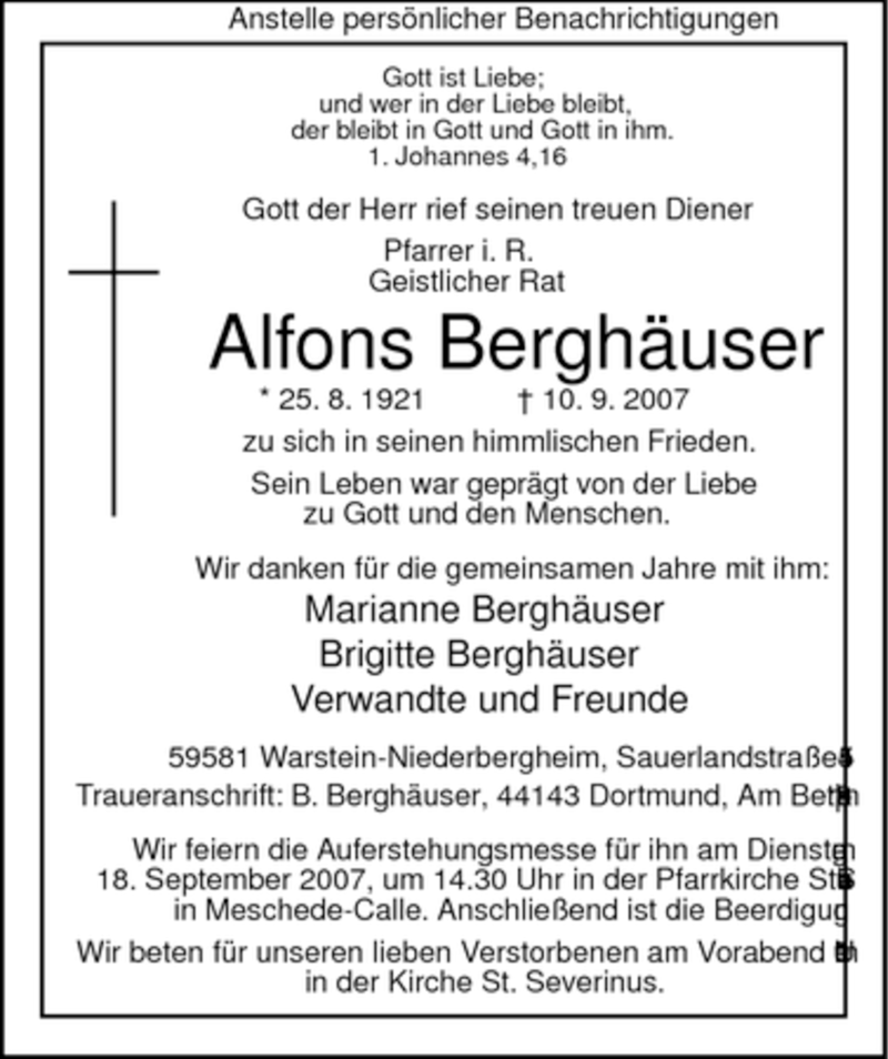  Traueranzeige für Alfons Berghäuser vom 13.09.2007 aus Tageszeitung
