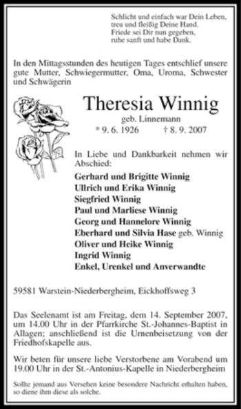 Traueranzeige von Theresia Winnig von Tageszeitung