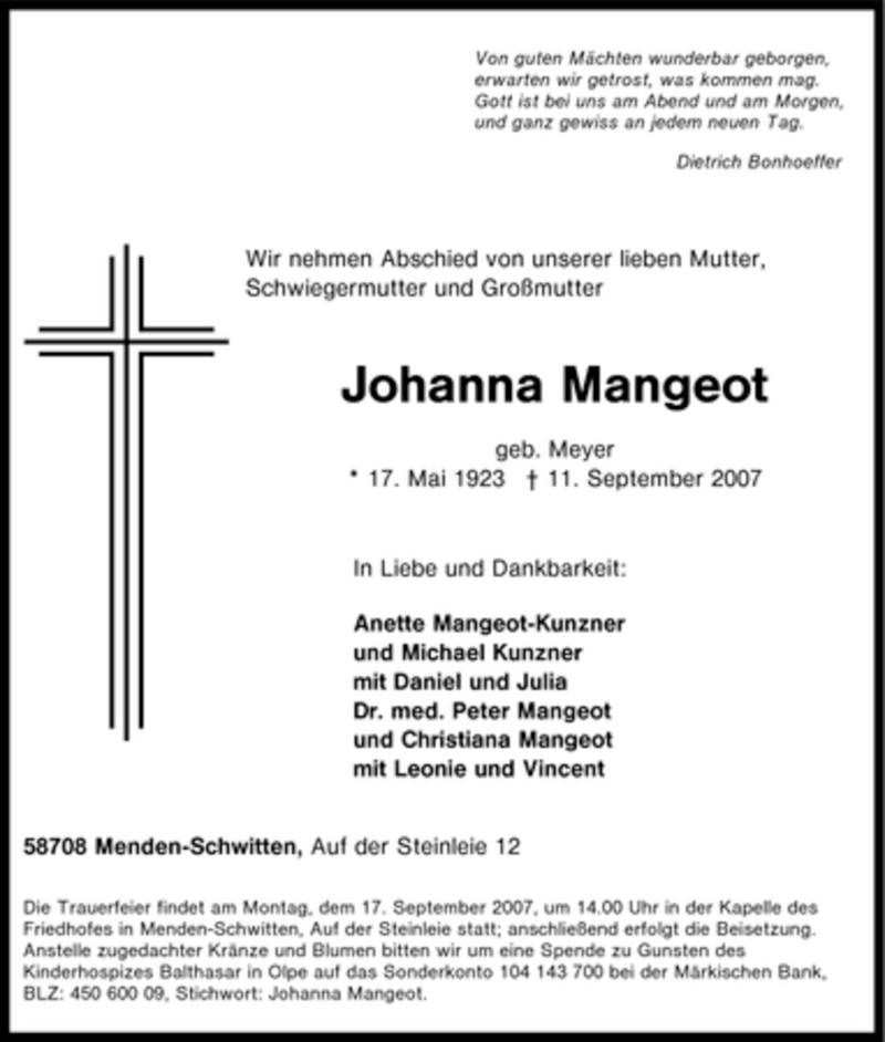  Traueranzeige für Johanna Mangeot vom 14.09.2007 aus Tageszeitung