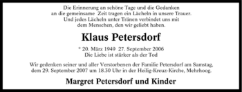 Traueranzeige von Klaus Petersdorf von Tageszeitung