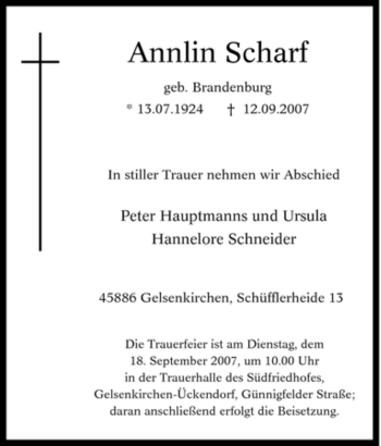 Traueranzeige von Annlin Scharf von Tageszeitung