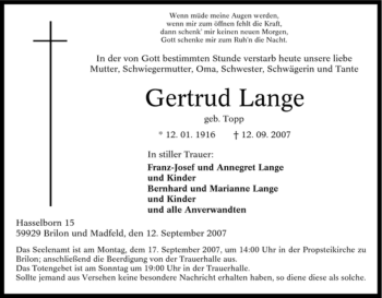 Traueranzeige von Gertrud Lange von Tageszeitung