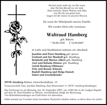 Traueranzeige von Waltraud Hamberg von Tageszeitung