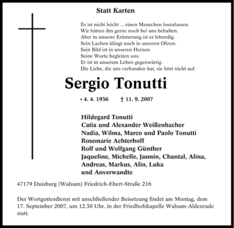  Traueranzeige für Sergio Tonutti vom 14.09.2007 aus Tageszeitung