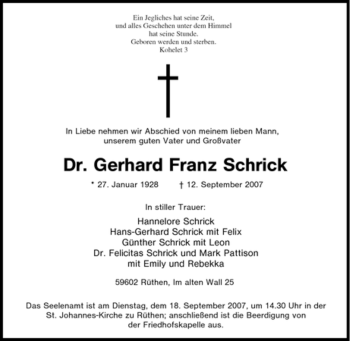 Traueranzeige von Gerhard Franz Schrick von Tageszeitung