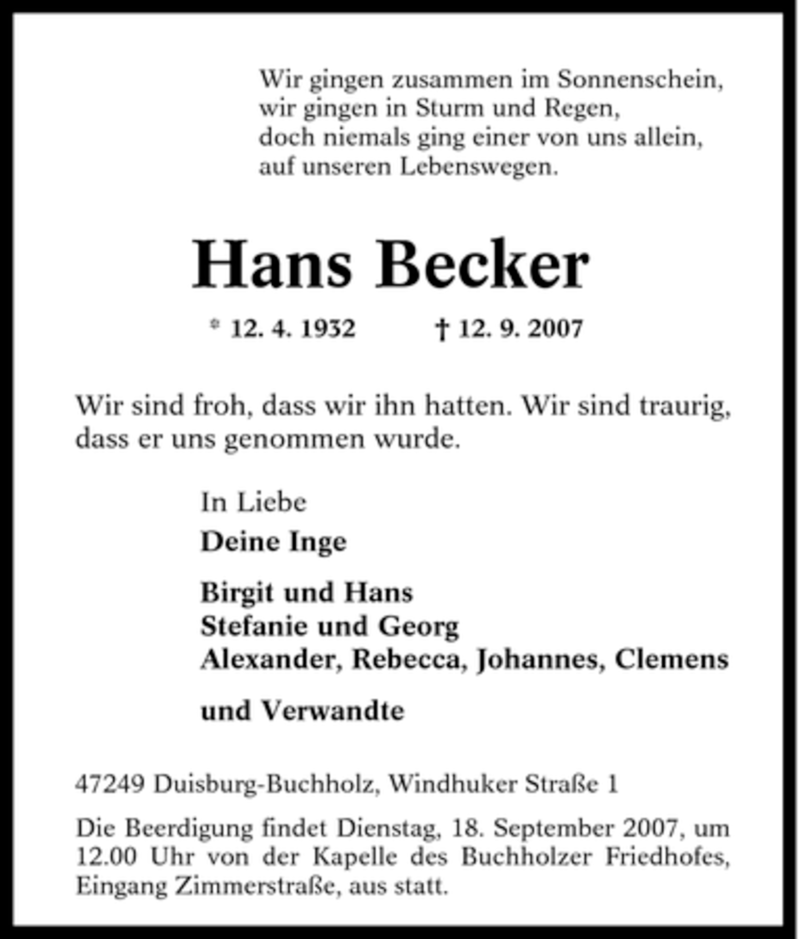  Traueranzeige für Hans Becker vom 14.09.2007 aus Tageszeitung