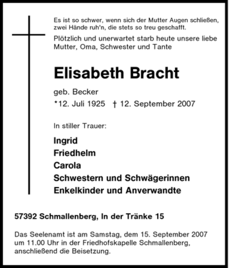  Traueranzeige für Elisabeth Bracht vom 14.09.2007 aus Tageszeitung