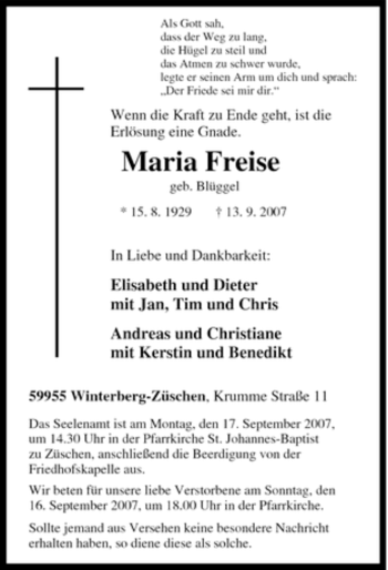 Traueranzeige von Maria Freise von Tageszeitung