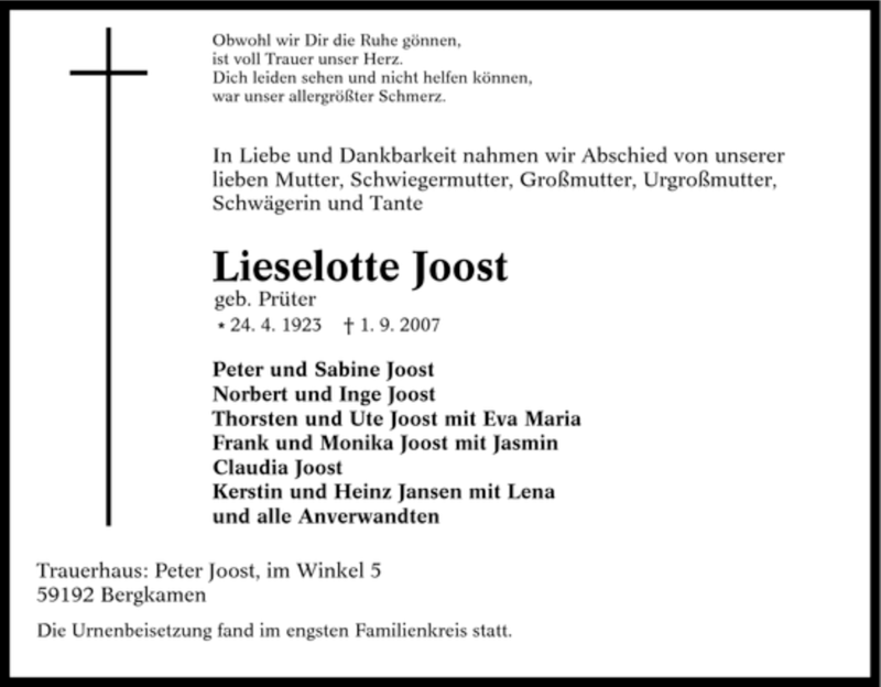  Traueranzeige für Lieselotte Joost vom 15.09.2007 aus Tageszeitung