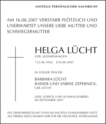 Traueranzeige von Helga Lücht von Tageszeitung