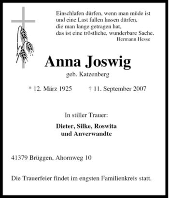 Traueranzeige von Anna Joswig von Tageszeitung