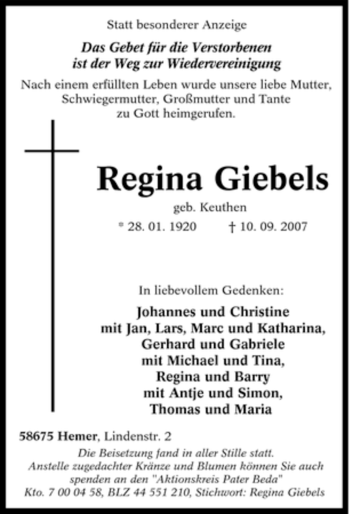 Traueranzeige von Regina Giebels von Tageszeitung
