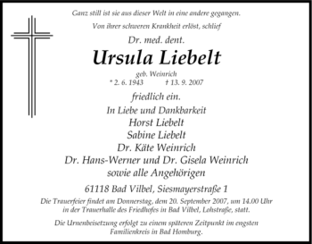 Traueranzeige von Ursula Liebelt von Tageszeitung