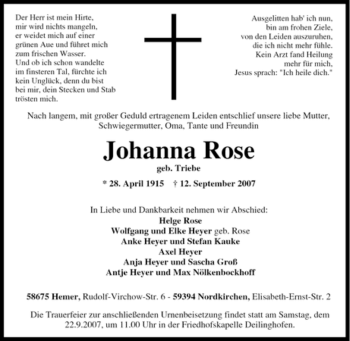 Traueranzeige von Johanna Rose von Tageszeitung