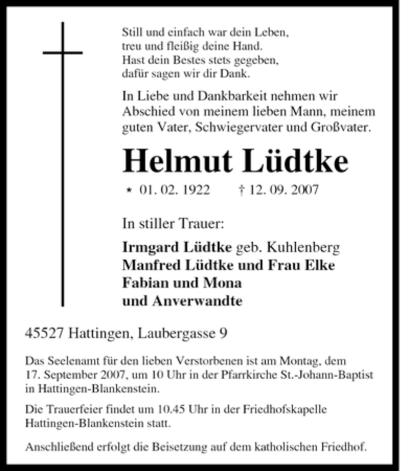  Traueranzeige für Helmut Lüdtke vom 15.09.2007 aus Tageszeitung