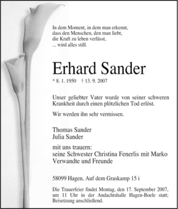 Traueranzeige von Erhard Sander von Tageszeitung