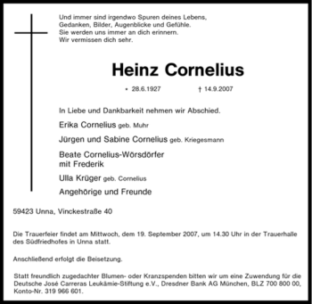 Traueranzeige von Heinz Cornelius von Tageszeitung