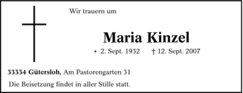 Traueranzeige von Maria Kinzel von Tageszeitung