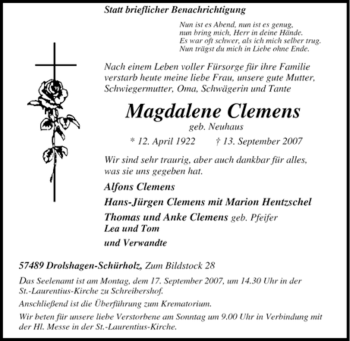 Traueranzeige von Magdalene Clemens von Tageszeitung