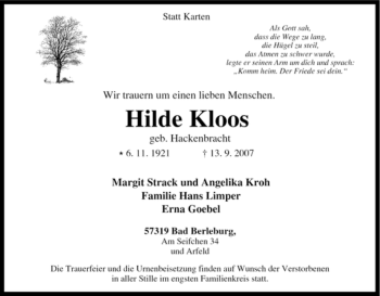 Traueranzeige von Hilde Kloos von Tageszeitung