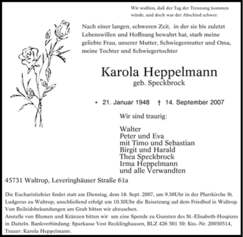 Traueranzeige von Karola Heppelmann von Tageszeitung