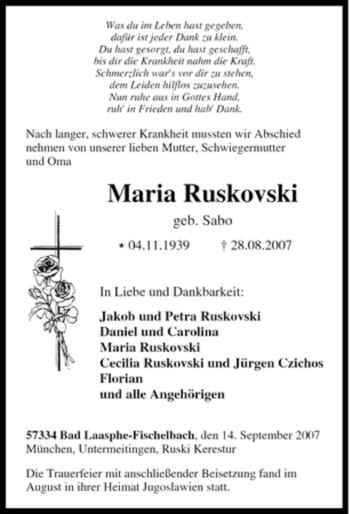 Traueranzeige von Maria Ruskovski von Tageszeitung