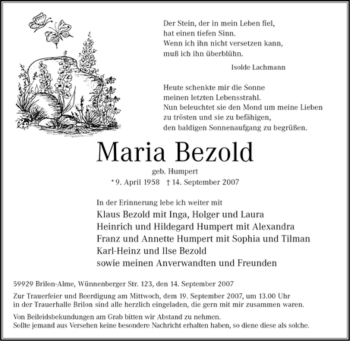 Traueranzeige von Maria Bezold von Tageszeitung