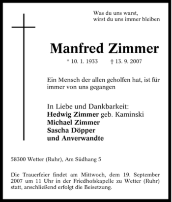 Traueranzeige von Manfred Zimmer von Tageszeitung