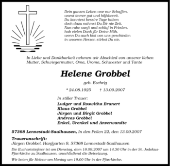 Traueranzeige von Helene Grobbel von Tageszeitung