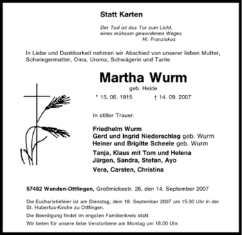 Traueranzeige von Martha Wurm von Tageszeitung