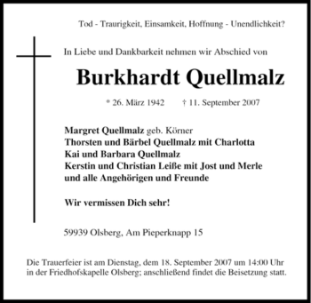 Traueranzeige von Burkhardt Quellmalz von Tageszeitung