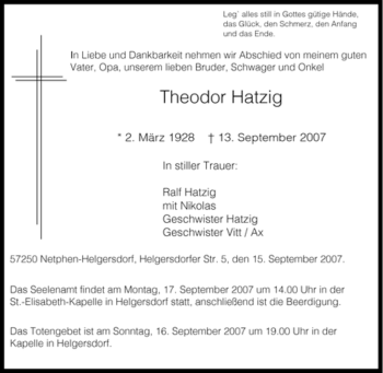 Traueranzeige von Theodor Hatzig von Tageszeitung