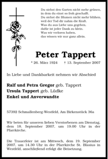 Traueranzeige von Peter Tappert von Tageszeitung