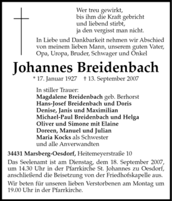 Traueranzeige von Johannes Breidenbach von Tageszeitung