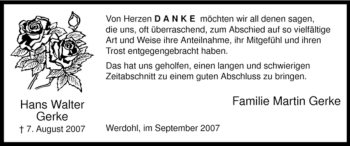 Traueranzeige von Hans Walter Gerke von Tageszeitung
