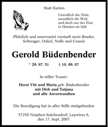 Traueranzeige von Gerold Büdenbender von Tageszeitung