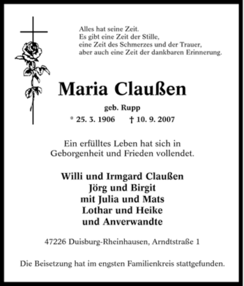 Traueranzeige von Maria Claußen von Tageszeitung