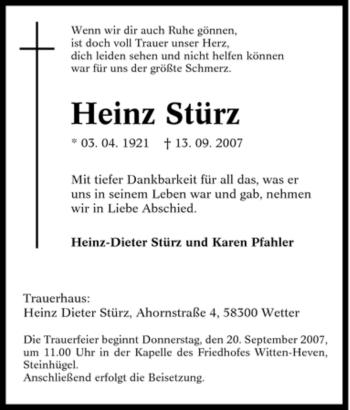 Traueranzeige von Heinz Stürz von Tageszeitung