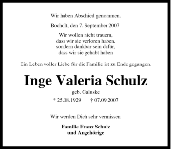 Traueranzeige von Inge Valeria Schulz von Tageszeitung